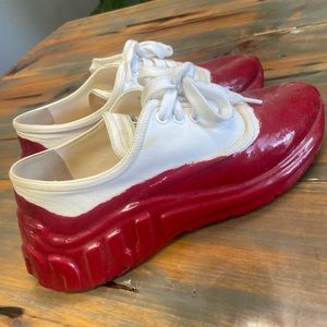Miu Miu - Red and White knit rubber logo flat form sneakers